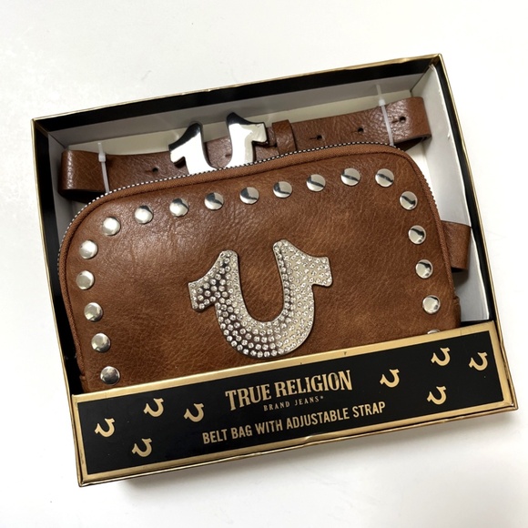NWT TRUE RELIGION Rhinestone Logo Belt Bag Fanny Pack L/XL – Boxed Set Brown